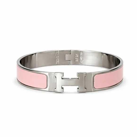 Hermes Inspired Pink Enamel H Bangle Bracelet Silver Tone - Picture 1 of 5